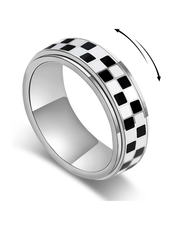 Checkered Fidget Ring for Men-8Mm 18K Gold Plated Stainless Steel Anxiety Spinner Jewelry for Adults,Modern Black and White Checkerboard Roating Ring for Stress Relief Gift for Men Women