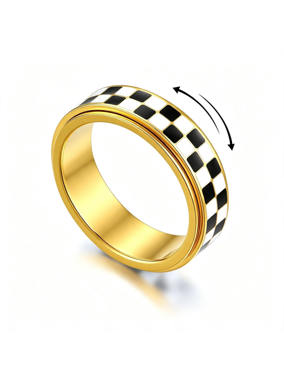 Checkered Fidget Spinner Ring for Adults,18K Gold Plated Stainless Steel Rotating Anxiety Relief Jewelry Gift for Women Men Checkered Fidget RingBlack and White Pattern