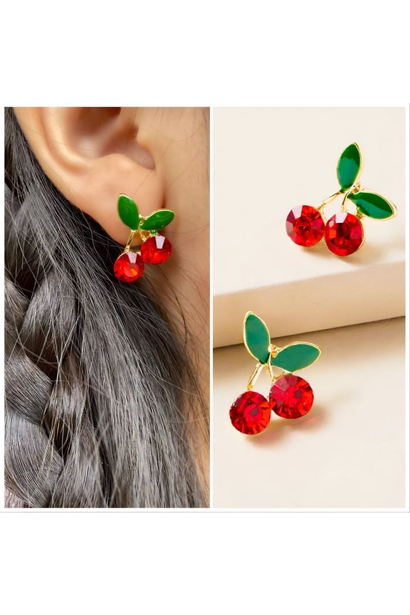 Cherry Stud Earrings Red Rhinestone Earrings Fun Cherry Earrings Cherry Picking Earrings