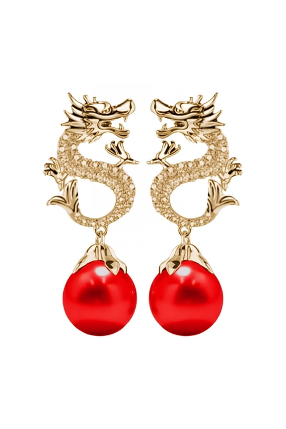 Chinese New Year Dragon Earrings for Women Glitter Cubic Zirconia Pearl Dangle Jewelry Earrings Red