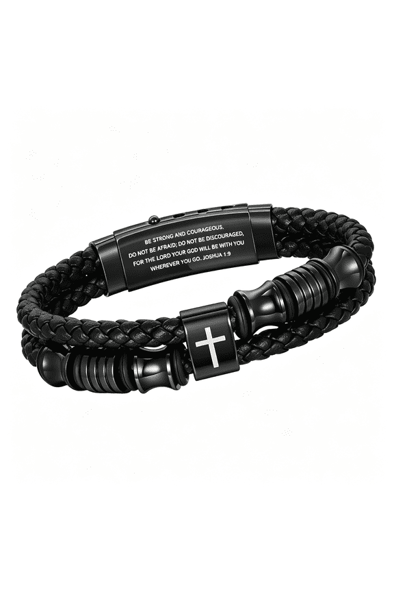 Christian Black Leather Bracelet for Men - Double-Row Braided Leather Faith Cross Bracelets for Mens Jewelry Gift Religious Baptism Easter Gifts for Young Men Teenage,Adjustable Wristband
