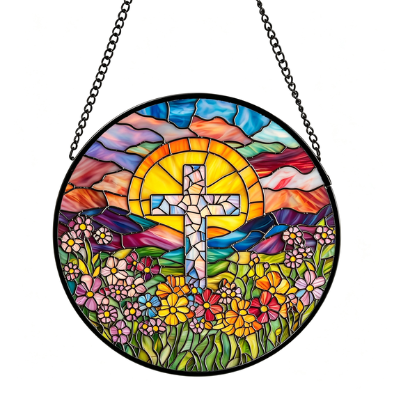 DESIGNICE Christian Gifts for Women-Flower Cross Faux Stained Glass Window Hanging Sun Catcher for Acrylic Home Decor Mother'S Day Christmas Easter Religion Gift for Mom Nana Men Grandma