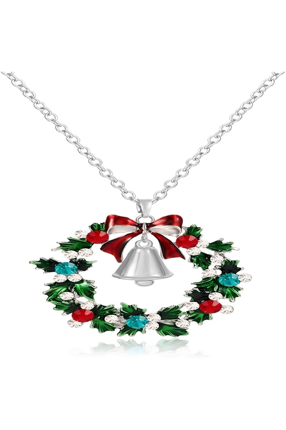 Christmas Necklaces for Women Glitzy Rhinestone Xmas Wreath Bell Pendant Necklace Holiday Jewelry Gift