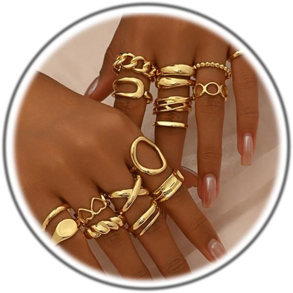DESIGNICE Chunky 14K Gold Plated Stackable Rings Set for Women,Vintage Knuckle Rings Dainty Hollow Carved Joint Finger Midi Rings Pack Adjustable Signet Mixed Size