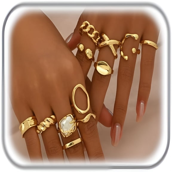 DESIGNICE Chunky 14K Gold Plated Stackable Rings Set for Women,Vintage Knuckle Rings Dainty Hollow Carved Joint Finger Midi Rings Pack Adjustable Signet Mixed Size