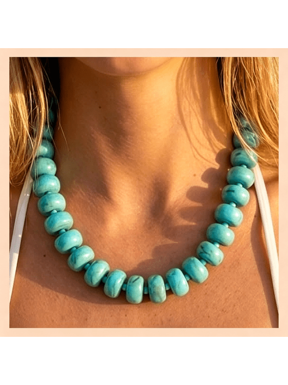 Chunky Acrylic Beaded Necklace for Women, Boho Oversized Disc Fake Turquoise Resin Bead Chain Statement Choker Lightweight Adjustable Summer Beach Jewelry Gift