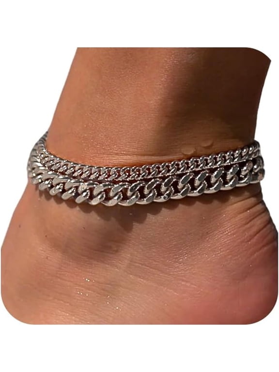 Chunky Ankle Bracelets for Women,Dainty Layered Waterproof Anklet for Women Adjustable Cuban Set Stackable Cute Summer Beach Jewelry Gift