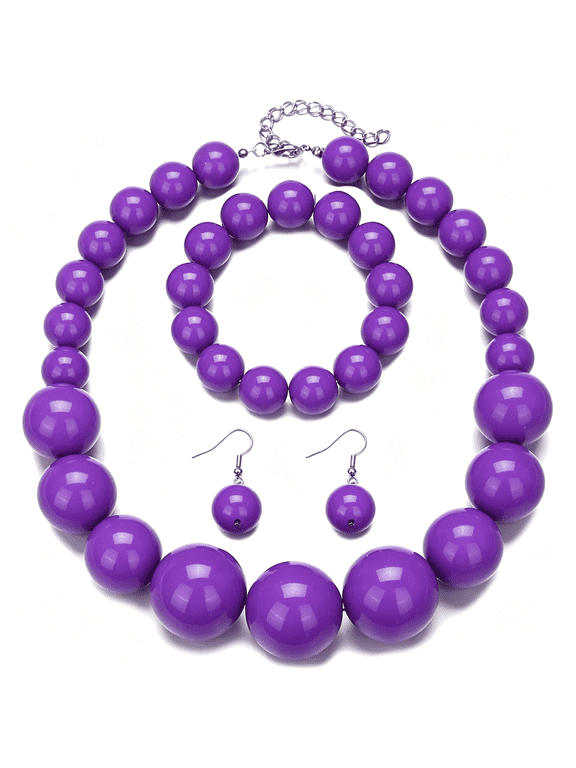Chunky Bead Jewelry Set for Women  3-Piece Statement Necklace, Bracelet & Earrings with Oversized Colorful Beads, Vibrant Retro Fashion Accessory