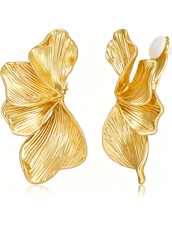 Chunky Clip On Earrings for Women Vintage Flower Statement Earrings Large Floral Clips Dangle Earring Trendy Non Pierced Jewelry Gold/Silver