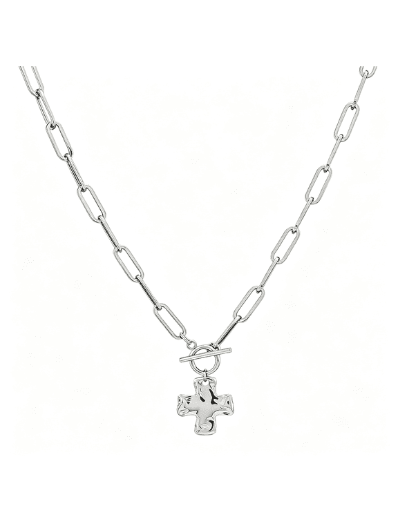 Chunky Cross Necklace for Women Trendy 14K Gold Silver Layered Statement Cross Pendant Charm Necklace Waterproof Paperclip Herringbone Snake Choker Chain Christian