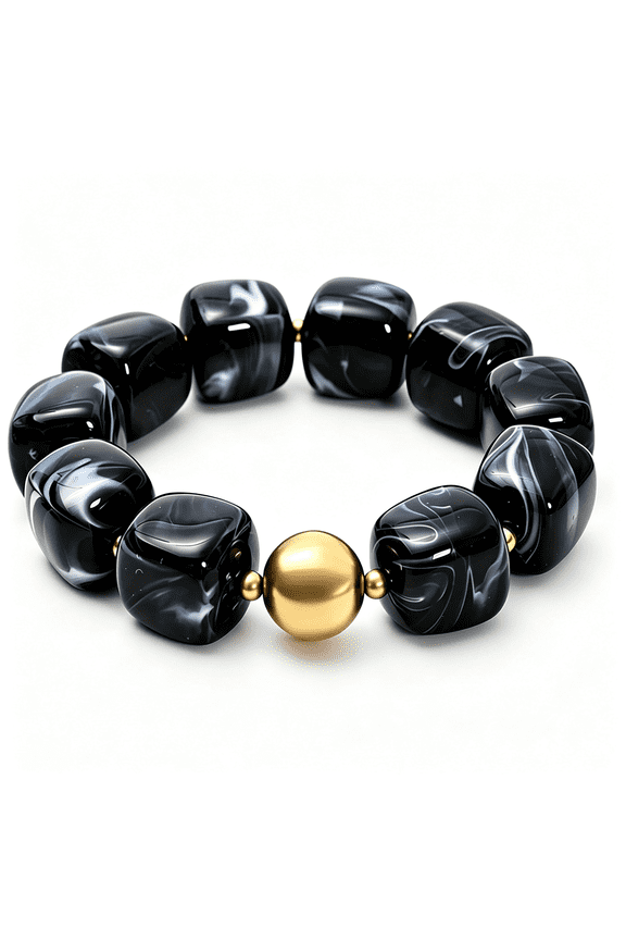 Chunky Cube Beaded Stretch Bracelet for Women Marble Pattern Acrylic Elastic Bangle with Gold Bead Accent Boho Vintage Statement Jewelry for Daily Wear Vacation Party Gift