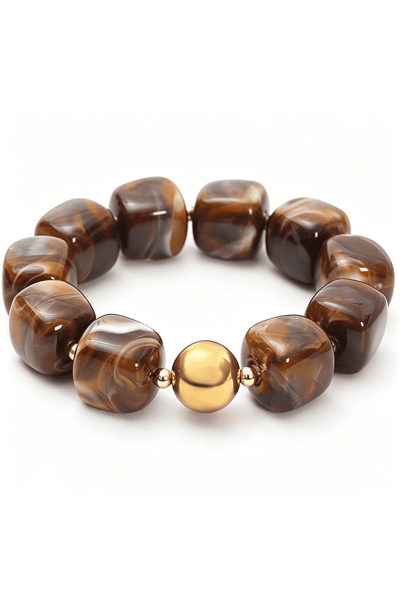 Chunky Cube Beaded Stretch Bracelet for Women Marble Pattern Acrylic Elastic Bangle with Gold Bead Accent Boho Vintage Statement Jewelry for Daily Wear Vacation Party Gift