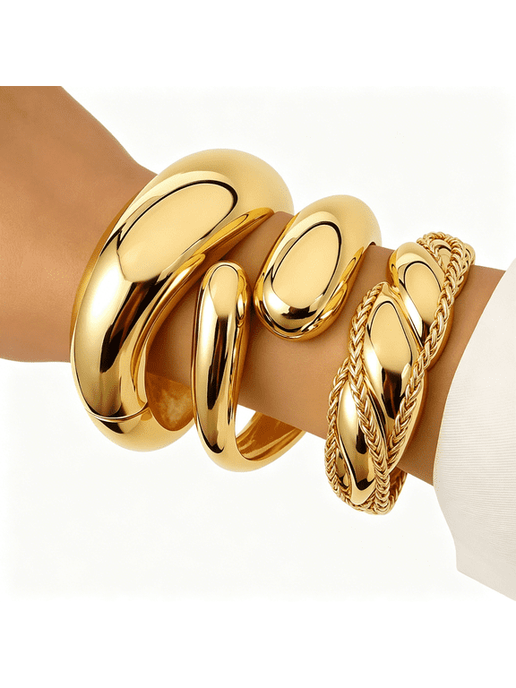 Chunky Gold Bangle Bracelets for Women 14K Gold Plated, 3-Piece Stackable Cuff Bangles Set, Trendy Minimalist Jewelry