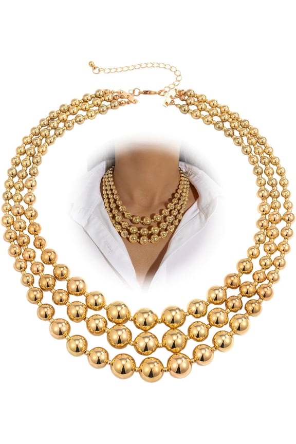 Chunky Gold Beaded Statement Necklace for Women Trendy Thick Big Silver Fake Pearls Beads Chain Layered Charm Choker Necklace Stack Fashion Prom Jewelry