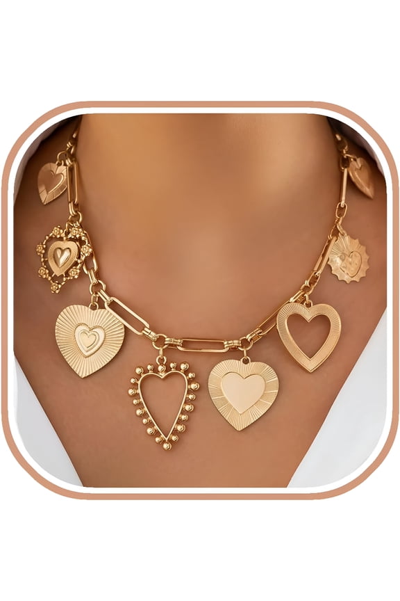 Chunky Gold Necklace for Women Big Heart Necklace Vintage Gold Statement Necklace for Women Stackable Fashion Jewelry
