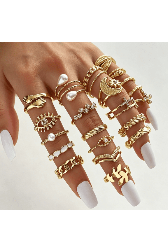 Chunky Gold Rings for Women Gold Baroque Pearl Rings Open Adjustable Moon Star Ring Stacking Knuckles Rings Set Boho Prom Fashion Jewelry for Women 2026