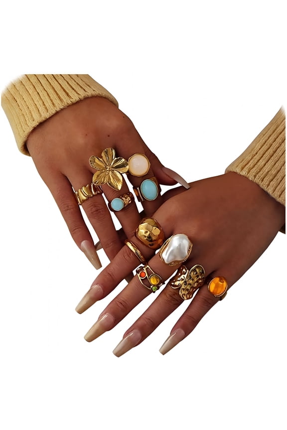 Chunky Gold Rings for Women,Baroque Pearl Flower Tiger'S Eye Stone Rings Adjustable Stacking Statement Rings Set Jewelry