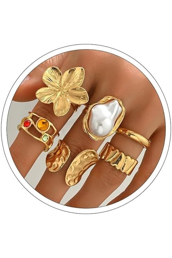 Chunky Gold Rings for Women Non Tarnish Statement Flower Ring Baroque Pearl Stackable Rings Set 6Pcs Chunky Jewelry