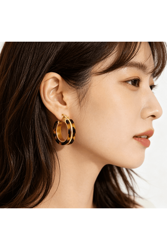 Chunky Hoop Earrings for Women 18K Gold Plated Tortoise Shell Leopard Resin Hoops, 925 Sterling Silver Post Lightweight Vintage Statement Earrings for Daily Wear