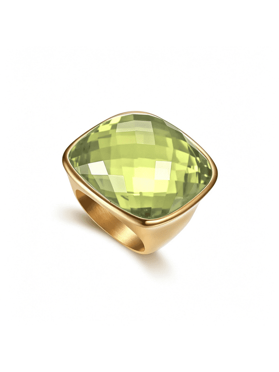 Chunky Square Crystal Glass Stainless Steel Statement Ring for Women Men Gold-Tone Plated Exaggerated Large Geometric Green Cubic Zirconia Finger Band Knuckle Rings Cocktail Prom