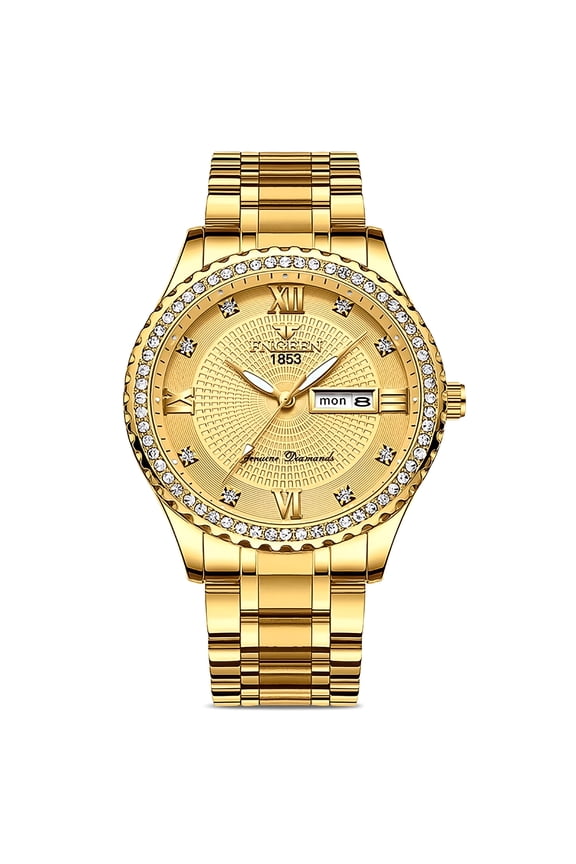 Classic Diamond Gold Watches for Men, Stainless Steel Waterproof Dress Watch, Men'S Quartz Analog Wristwatch