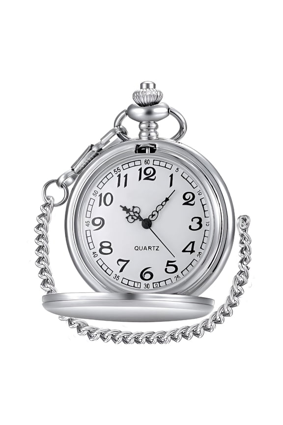 Classic Vintage Stainless Steel Quartz Pocket Watch, Arabic Numerals Scale Mens Womens Pocket Watch with Chain
