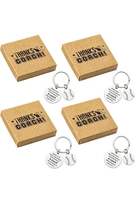 Coach Appreciation Keychain Gift Set,4Pcs Sport Match Cheer Keychains Keepsake Present with Thank You Packaging Baseball Coach Gifts