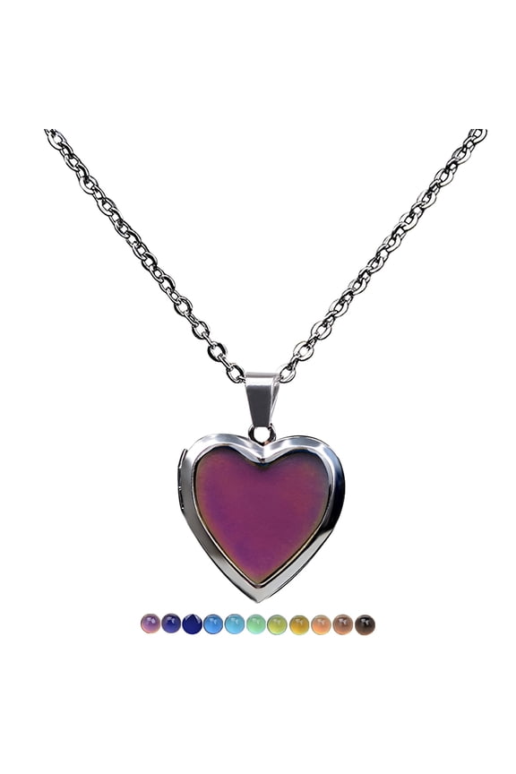 Color Changing Heart Mood Necklace, Stainless Steel Temperature Sensitive Pendant with Lucky Bead, Unique Gift