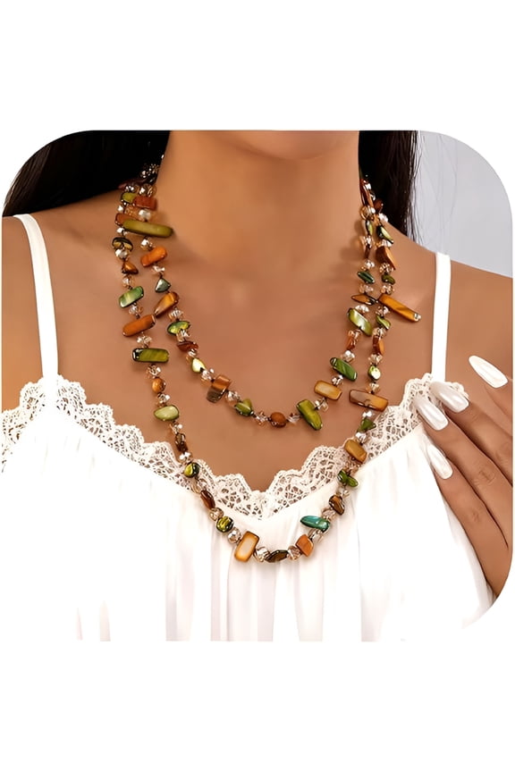 Colorful Bead Long Necklace for Women Boho Handmade Irregular Natural Shell Jade Glass Beads Vintage Chunky Layered Sweater Chain Accessory Statement Jewelry