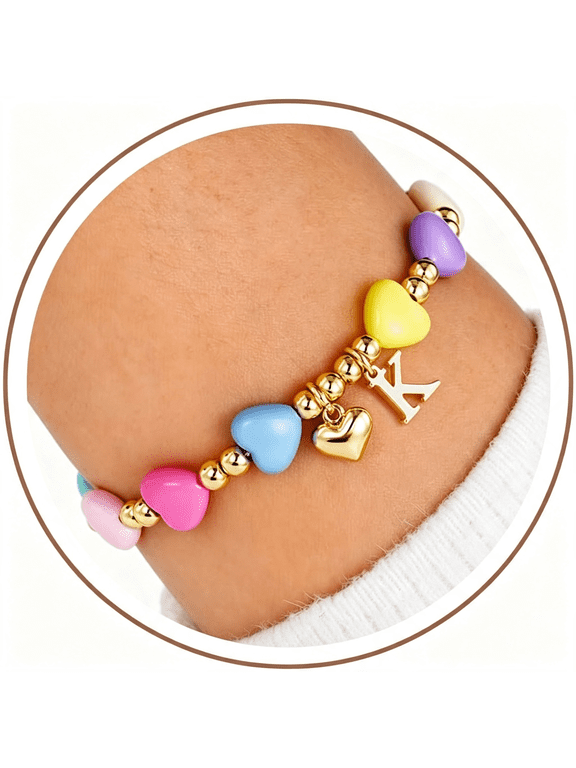 Colorful Heart Initial Bracelet,Letter A-Z Beaded Bracelets Gift|14K Gold Plated,Heart Initial Bracelet,Colorful Heart Bracelet Adjustable Bracelets,Birthday Gifts for Women Teen Girl Kid