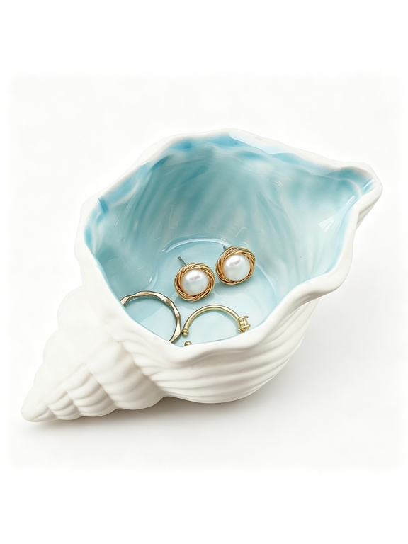 Conch Shape Ceramic Jewelry Tray,Aqua Shell Trinket Dish Ceramic Ring Earring Holder Ocean-Themed Decorative Trinket Plate for Rings Earrings Necklaces Bracelet Jewelry Watch Keys