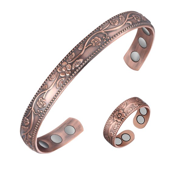 DESIGNICE Copper Bracelet Rings for Women Flower Magnetic Bangle | 99.99% Copper Cuff with Neodymium Magnets Adjustable with Gift Box