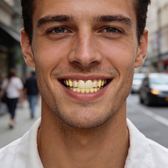 DESIGNICE Copper Zirconia Vampire Fang Grillz Set, Gold & Silver Tone Iced Teeth Caps with Dense Stone Arrangement, Hip Hop Party Dental Jewelry for Men & Women