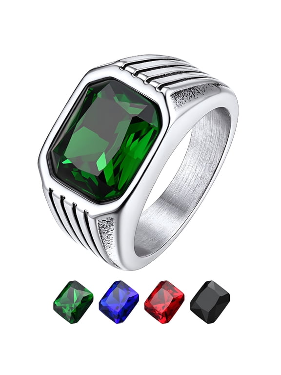 Created Emerald Signet Rings for Men Stainless Steel Thumb Pinky Rings Father's Day Birthday Gifts for Dad Son Husband Size 7-14