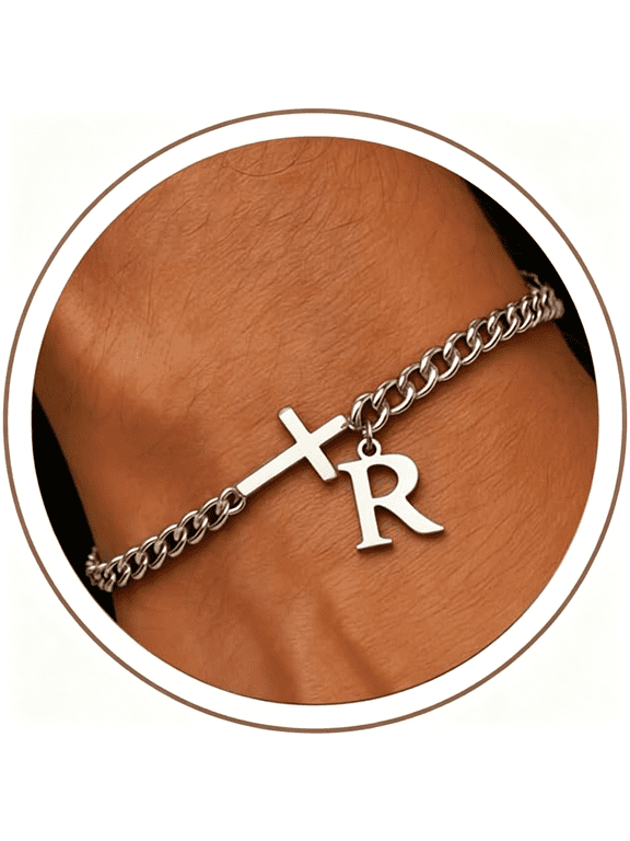 Cross Cuban Link Bracelets for Men Initial A-Z Faith Cross Bracelets,Stainless Steel Fashion Initial Charm Chain Bracelet Religious Jewelry Gift for Men