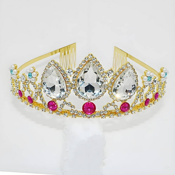 DESIGNICE Crown Crystal Rhinestone Kids Headband Princess Crown with Cute Large Crystals Birthday Crown 12.5x5cm,Gold,White
