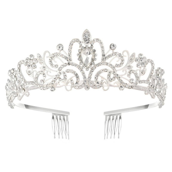DESIGNICE Crown Korean Style Alloy Tiara Birthday Crown with Crystals and Water Gems Princess Crown 15.5x4.8cm,Silver