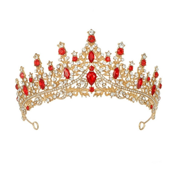 DESIGNICE Crown Wedding Party Tiara Birthday Crown Eco Electroplated Alloy Sparkling Crystals Princess Crown 5.9x2.75in,Gold,Red