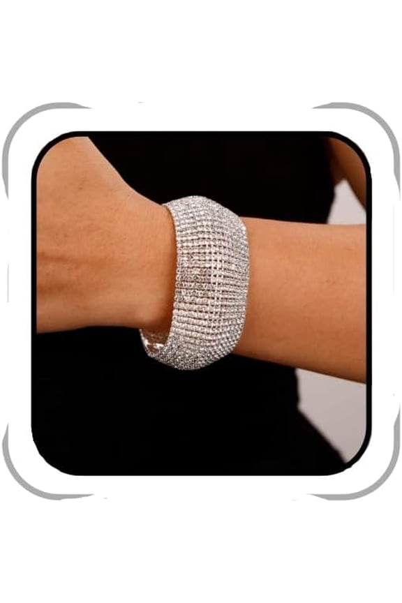Crystal Rhinestones Cluster Wide Bangle Bracelet Rhinestone Stackable Stretch Bracelets for Women(Silver)