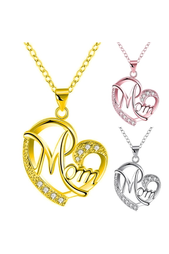 Cubic Zirconia I Love You Mom Heart Necklace for Women Mother Birthday Gift, 18 Inch Chain