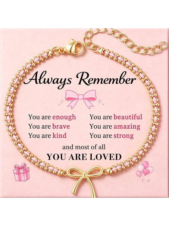 Cute Bow Bracelet for Girls,Always Remember Gifts for Teen Girls|Adjustable Bracelet with Message Card and Velvet Pouch,Birthday Graduation Christmas Valentines Day Gifts for Teen Girls