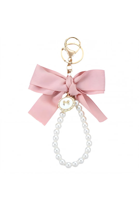Cute Bow Keychain with Pearl and Ribbon, Pink Resin Key Chain for Women, Bag Charm Purse Accessory, Sweet Personalized Gift for Daily Use