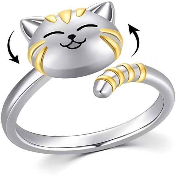 DESIGNICE Cute Cat Pet Anxiety Relieve Spinner Rings Kitten Animal Fidget Open Adjustable Ring Sterling Silver Plated Worry Stress Relieving Boredom ADHD Autism Jewelry Stacking Finger