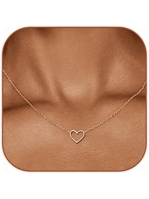 Cute Heart Necklace Dainty 18K Gold Plated Tiny Heart Pendant Choker Necklaces Small Gold Love Open Heart Chain Necklace for Women Simple Gold Necklace for Women Trendy Jewelry