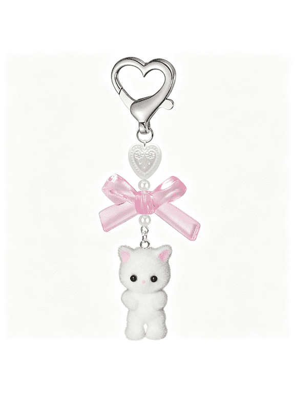 Cute Kitty Keychain,Fuzzy Cat Decor Gifts,Y2K Heart Bow Pendent Women Girls Kawaii Cat Bag Charm Cat Keychain
