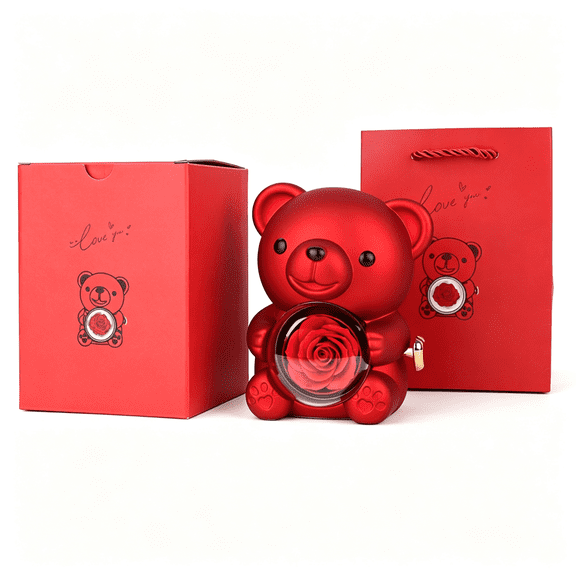 DESIGNICE Cute Teddy Bear with Preserved Rose - a Real Rose Flower in Bear with Elegant Gift Box - Romantic Gift for Her in MotherS Day, Weddings, Anniversaries, and Bridal Showers (Red)