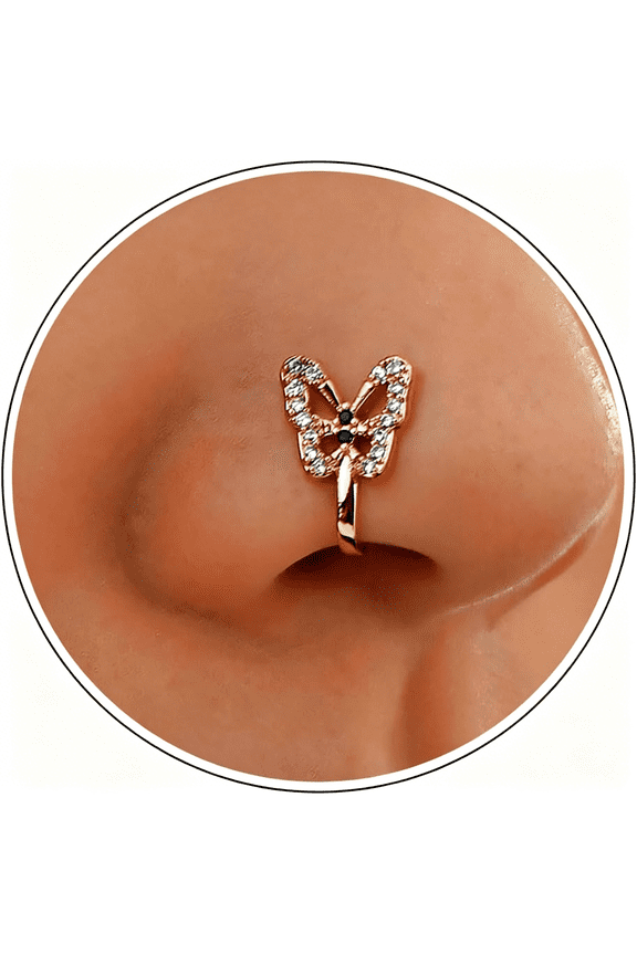 Cz Butterfly Fake Nose Ring Gold Butterfly Septum Nose Ring Faux U Shaped Clip on Nose Cuff No Piercing Bendable Nose Ring Stud Body Jewelry for Women and Girls