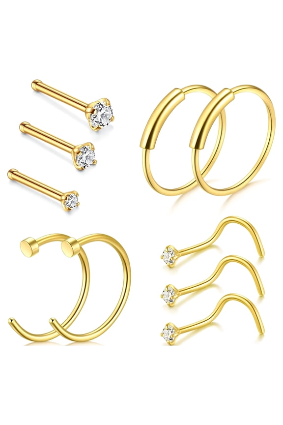 Cz Diamond and Stainless Steel Nose Rings, Gold Nose Rings for Women, 10-Piece