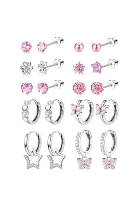 10 Pairs Flatback Stud Earrings, 316L Steel No Tarnish for Sensitive Ears (Pink)