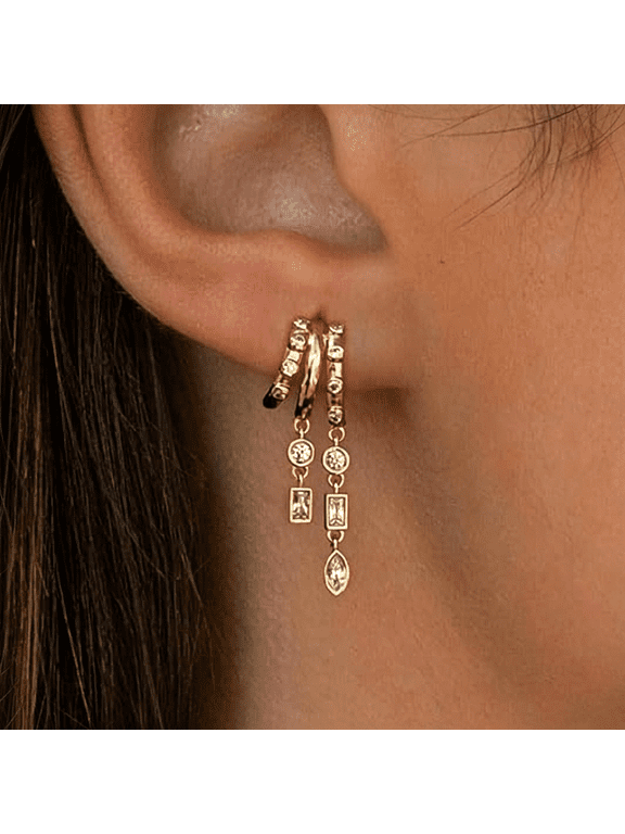 Dainty 14K Gold Plated Dangle Earrings-Triple Huggie Hoop,Cross Moon Star Drop